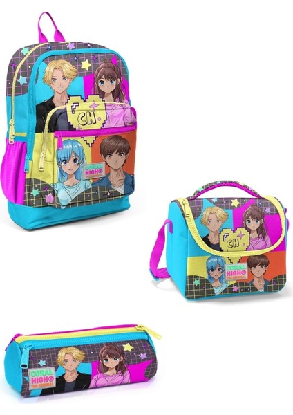 -Gri Mavi Pembe Anime Desenli 3’lü Okul Çanta Seti