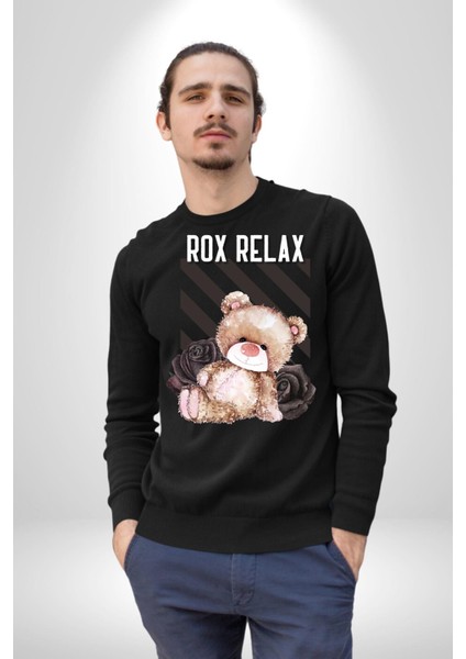 Relax Teddy Ayı Gül Erkek Kadın Unisex Dijital Baskılı Siyah Sweatshirt