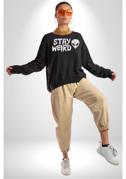 Uzaylı Tuhaf Kal Yazılı Sokak Style Erkek Kadın Unisex Dijital Baskılı Siyah Sweatshirt