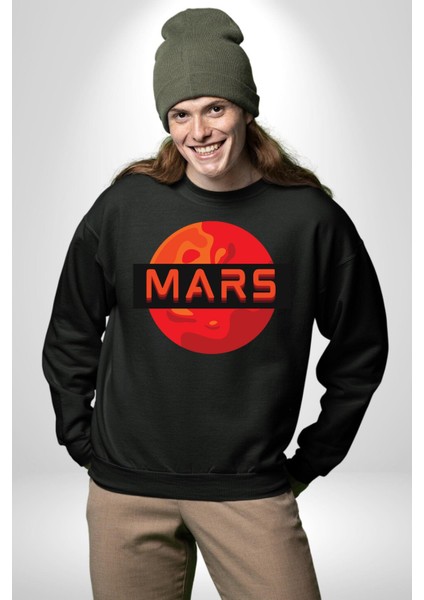 Mars Gezegen Erkek Kadın Unisex Dijital Baskılı Siyah Sweatshirt