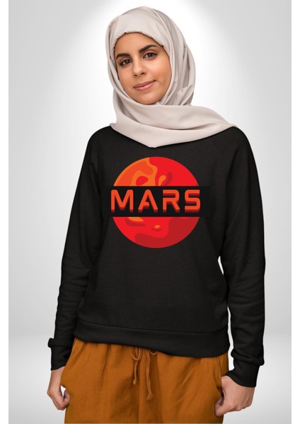 Mars Gezegen Erkek Kadın Unisex Dijital Baskılı Siyah Sweatshirt