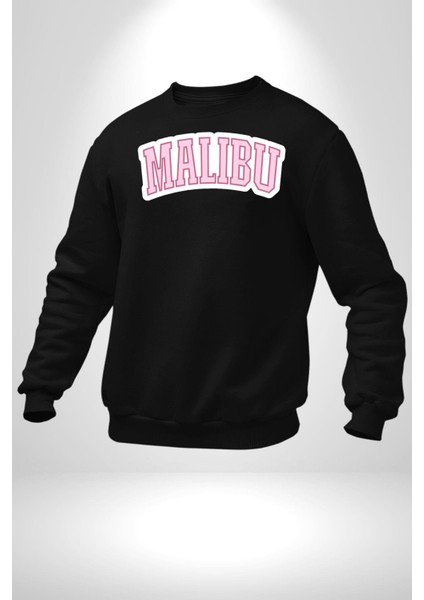 Malibu California Pembe Erkek Kadın Unisex Dijital Baskılı Siyah Sweatshirt