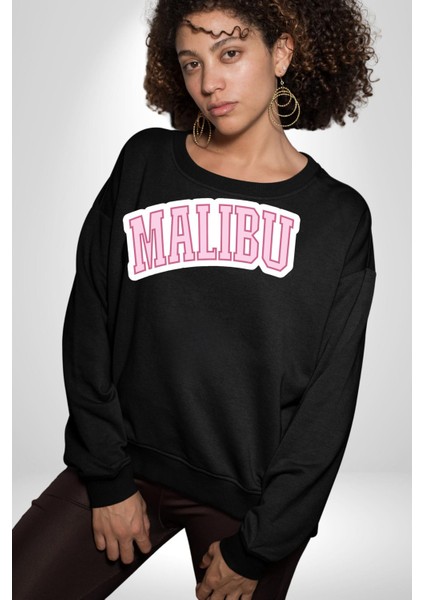 Malibu California Pembe Erkek Kadın Unisex Dijital Baskılı Siyah Sweatshirt modelleri