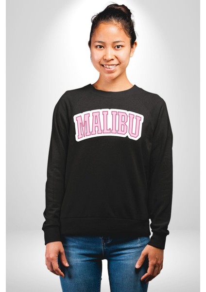 Malibu California Pembe Erkek Kadın Unisex Dijital Baskılı Siyah Sweatshirt fırsatları