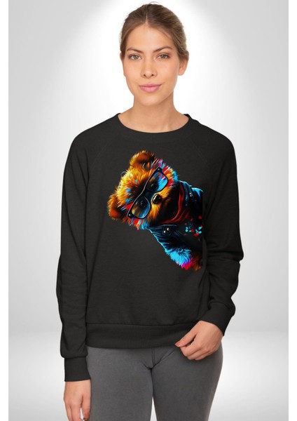 Cool Tedy Renkli Ayıcık Gözlük Erkek Kadın Unisex Dijital Baskılı Siyah Sweatshirt