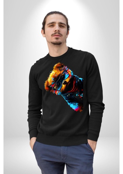 Cool Tedy Renkli Ayıcık Gözlük Erkek Kadın Unisex Dijital Baskılı Siyah Sweatshirt