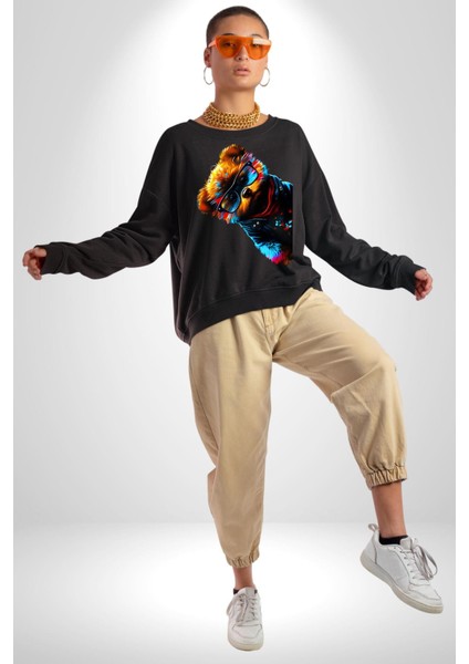 Cool Tedy Renkli Ayıcık Gözlük Erkek Kadın Unisex Dijital Baskılı Siyah Sweatshirt