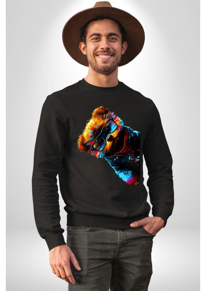 Cool Tedy Renkli Ayıcık Gözlük Erkek Kadın Unisex Dijital Baskılı Siyah Sweatshirt