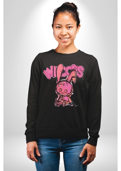 Öfkeli Voodoo Tavşan Xox Erkek Kadın Unisex Dijital Baskılı Siyah Sweatshirt