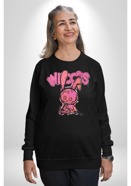 Öfkeli Voodoo Tavşan Xox Erkek Kadın Unisex Dijital Baskılı Siyah Sweatshirt