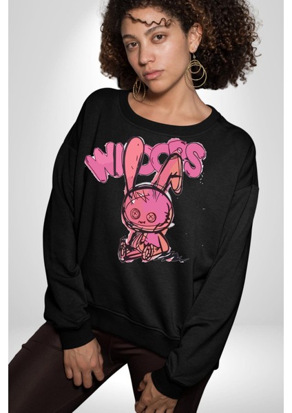 Öfkeli Voodoo Tavşan Xox Erkek Kadın Unisex Dijital Baskılı Siyah Sweatshirt