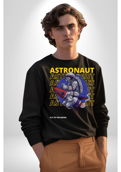 Roket Ata Binen Astronot Erkek Kadın Unisex Dijital Baskılı Siyah Sweatshirt