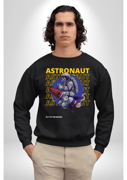 Roket Ata Binen Astronot Erkek Kadın Unisex Dijital Baskılı Siyah Sweatshirt