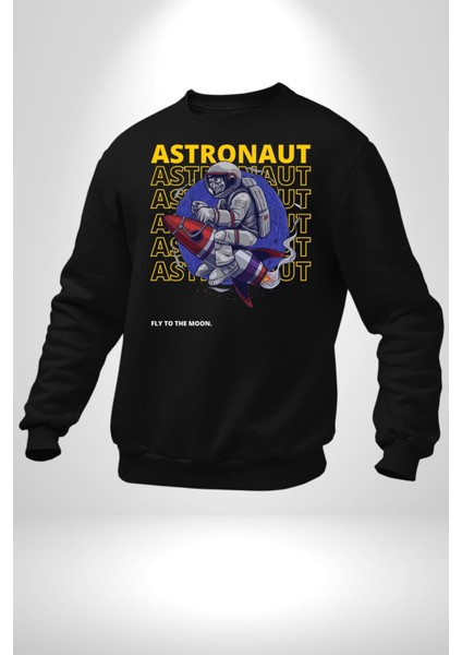 Roket Ata Binen Astronot Erkek Kadın Unisex Dijital Baskılı Siyah Sweatshirt