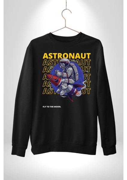 Roket Ata Binen Astronot Erkek Kadın Unisex Dijital Baskılı Siyah Sweatshirt