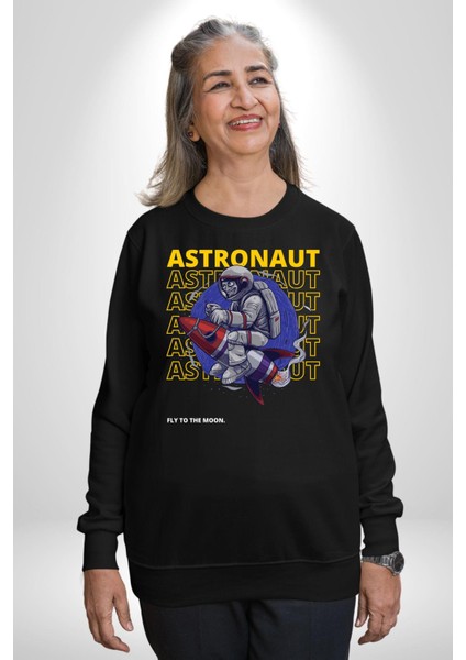Roket Ata Binen Astronot Erkek Kadın Unisex Dijital Baskılı Siyah Sweatshirt