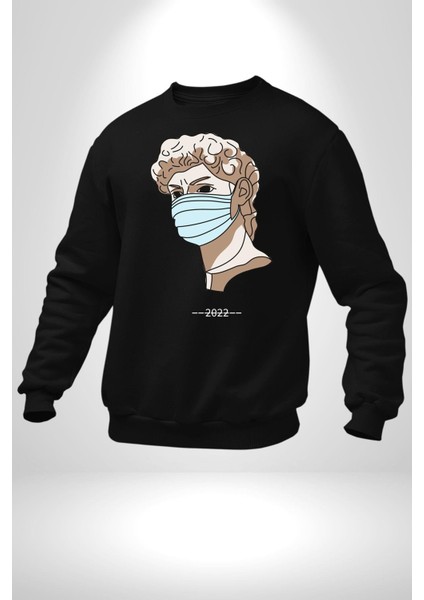 Medical Maske ve Sanat Uyumu Erkek Kadın Unisex Dijital Baskılı Siyah Sweatshirt