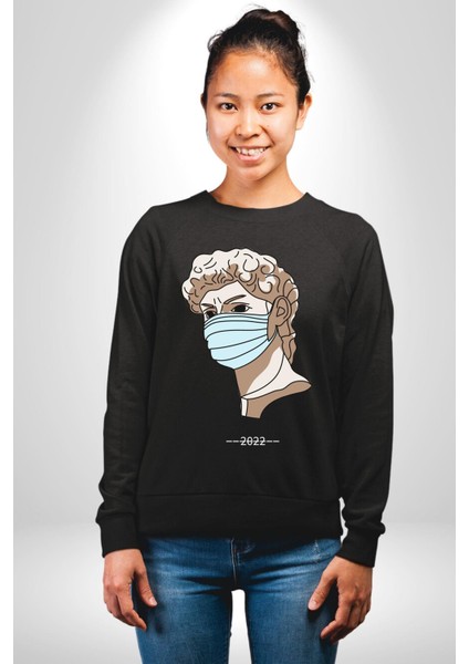 Medical Maske ve Sanat Uyumu Erkek Kadın Unisex Dijital Baskılı Siyah Sweatshirt