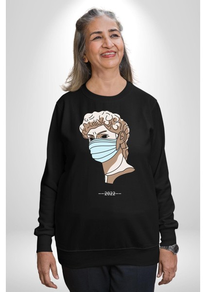 Medical Maske ve Sanat Uyumu Erkek Kadın Unisex Dijital Baskılı Siyah Sweatshirt