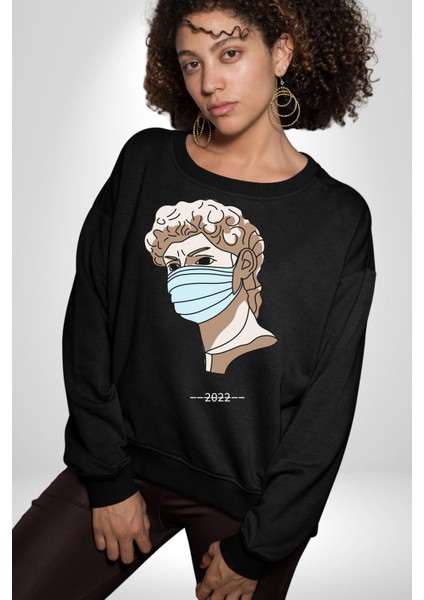 Medical Maske ve Sanat Uyumu Erkek Kadın Unisex Dijital Baskılı Siyah Sweatshirt