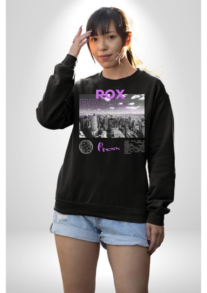 Rox Markası Şehir Tasarımı Erkek Kadın Unisex Dijital Baskılı Siyah Sweatshirt
