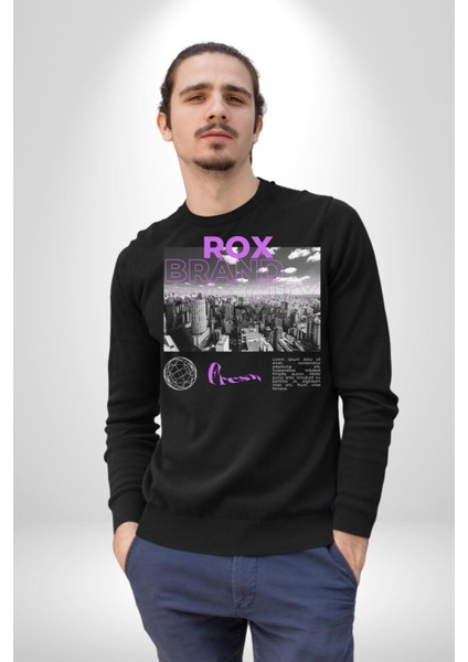 Rox Markası Şehir Tasarımı Erkek Kadın Unisex Dijital Baskılı Siyah Sweatshirt