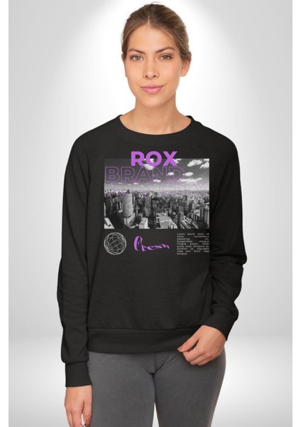 Rox Markası Şehir Tasarımı Erkek Kadın Unisex Dijital Baskılı Siyah Sweatshirt