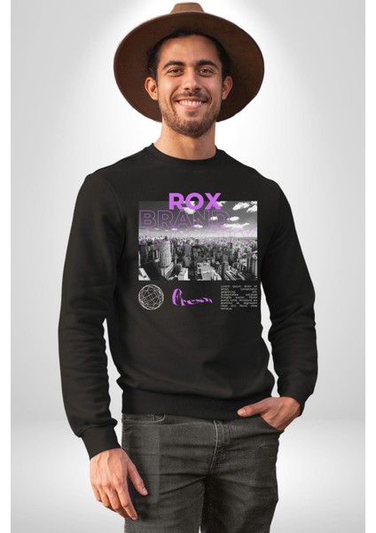 Rox Markası Şehir Tasarımı Erkek Kadın Unisex Dijital Baskılı Siyah Sweatshirt
