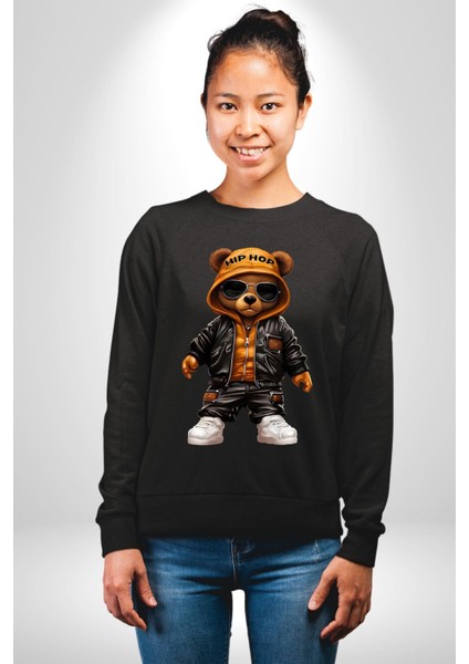 Hiphop Ayı Tedy Güneş Gözlük Deri Ceket Erkek Kadın Unisex Dijital Baskılı Siyah Sweatshirt
