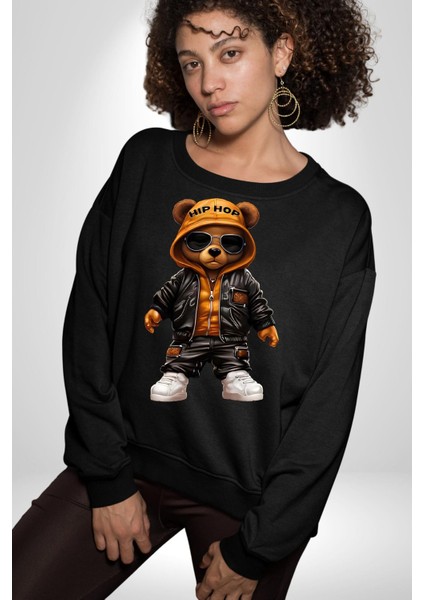 Hiphop Ayı Tedy Güneş Gözlük Deri Ceket Erkek Kadın Unisex Dijital Baskılı Siyah Sweatshirt