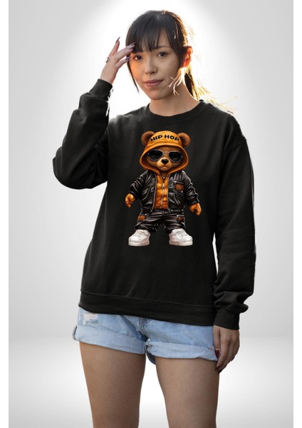 Hiphop Ayı Tedy Güneş Gözlük Deri Ceket Erkek Kadın Unisex Dijital Baskılı Siyah Sweatshirt