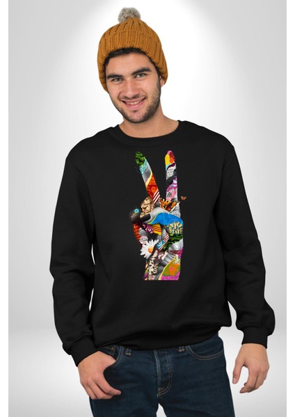 Dünya Barışı Özgürlük Zafer Işareti Erkek Kadın Unisex Dijital Baskılı Siyah Sweatshirt