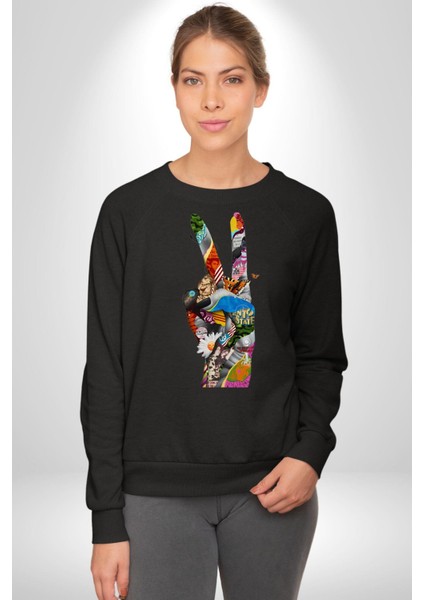Dünya Barışı Özgürlük Zafer Işareti Erkek Kadın Unisex Dijital Baskılı Siyah Sweatshirt
