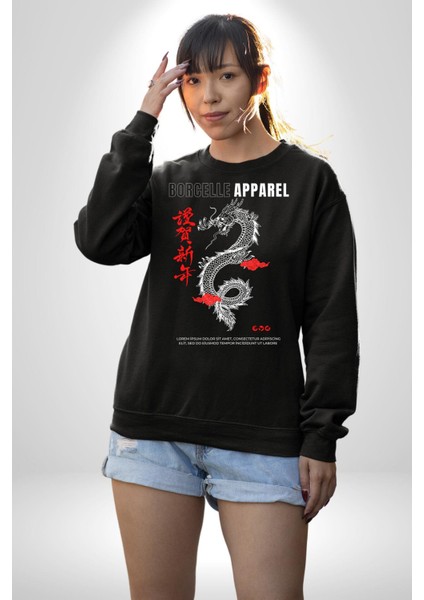 Çin Sitili Ejderha Bereket Tanrısı Erkek Kadın Unisex Dijital Baskılı Siyah Sweatshirt