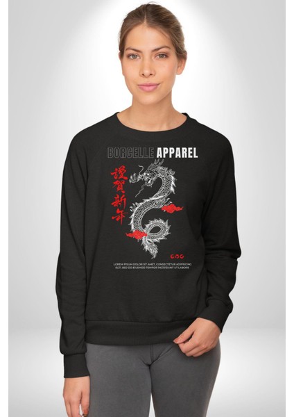 Çin Sitili Ejderha Bereket Tanrısı Erkek Kadın Unisex Dijital Baskılı Siyah Sweatshirt