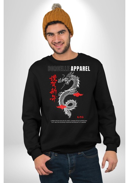 Çin Sitili Ejderha Bereket Tanrısı Erkek Kadın Unisex Dijital Baskılı Siyah Sweatshirt