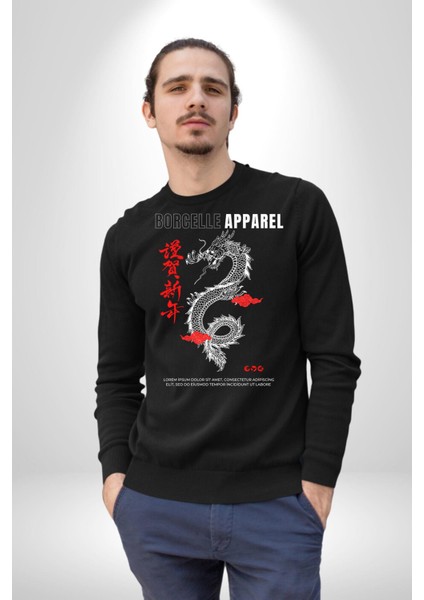 Çin Sitili Ejderha Bereket Tanrısı Erkek Kadın Unisex Dijital Baskılı Siyah Sweatshirt