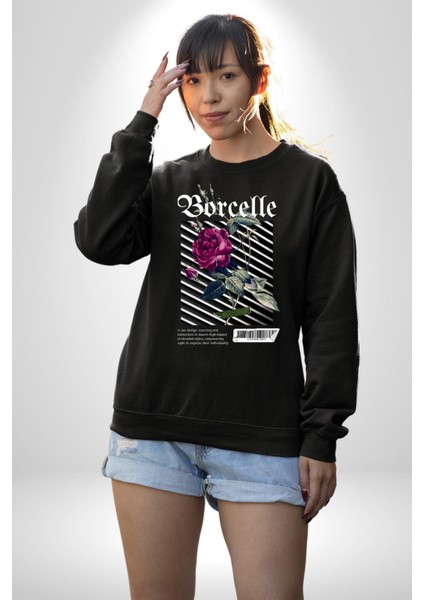 Kırmızı Gül Sokak Style Erkek Kadın Unisex Dijital Baskılı Siyah Sweatshirt