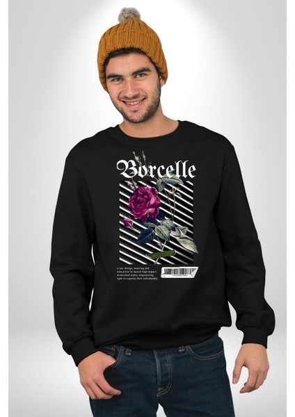 Kırmızı Gül Sokak Style Erkek Kadın Unisex Dijital Baskılı Siyah Sweatshirt