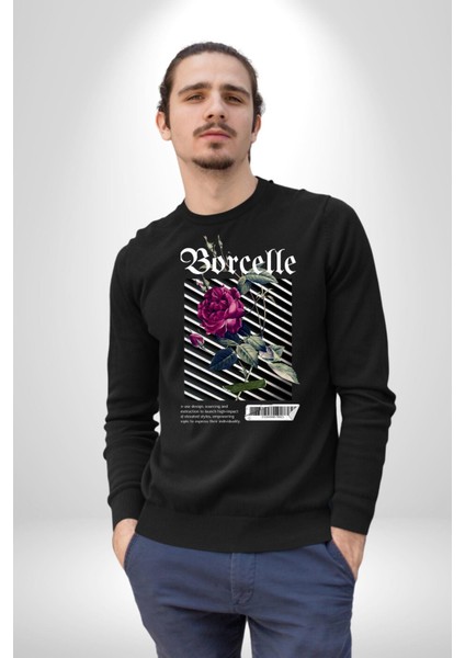 Kırmızı Gül Sokak Style Erkek Kadın Unisex Dijital Baskılı Siyah Sweatshirt