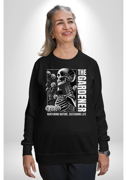 Iskelet Aşkı Kuş Kırk Kalp ve Kuru Çiçekler Erkek Kadın Unisex Dijital Baskılı Siyah Sweatshirt