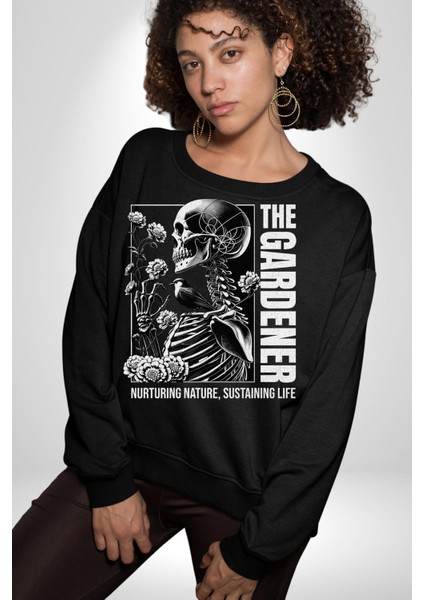 Iskelet Aşkı Kuş Kırk Kalp ve Kuru Çiçekler Erkek Kadın Unisex Dijital Baskılı Siyah Sweatshirt