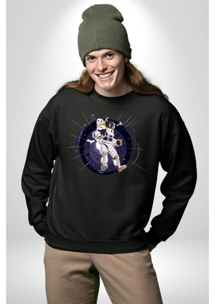 Nasa Astronaut Uzay Zıplaması Erkek Kadın Unisex Dijital Baskılı Siyah Sweatshirt