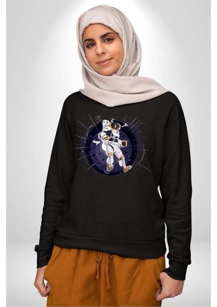 Nasa Astronaut Uzay Zıplaması Erkek Kadın Unisex Dijital Baskılı Siyah Sweatshirt