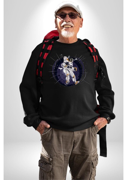 Nasa Astronaut Uzay Zıplaması Erkek Kadın Unisex Dijital Baskılı Siyah Sweatshirt