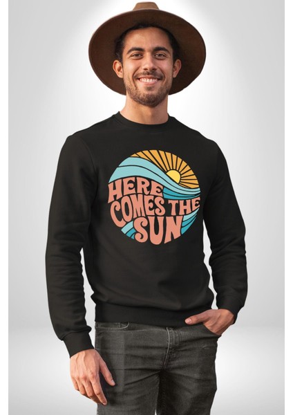Yaz Tatili Güneş Geldi Tema Erkek Kadın Unisex Dijital Baskılı Siyah Sweatshirt