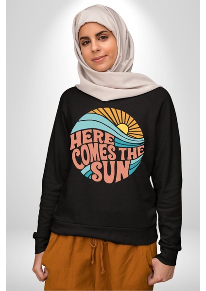 Yaz Tatili Güneş Geldi Tema Erkek Kadın Unisex Dijital Baskılı Siyah Sweatshirt