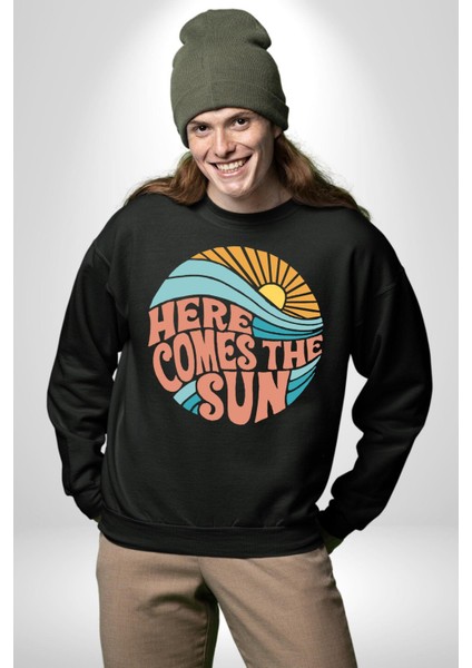 Yaz Tatili Güneş Geldi Tema Erkek Kadın Unisex Dijital Baskılı Siyah Sweatshirt