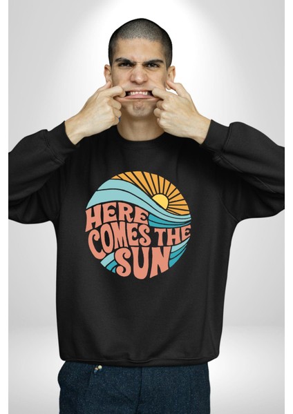 Yaz Tatili Güneş Geldi Tema Erkek Kadın Unisex Dijital Baskılı Siyah Sweatshirt