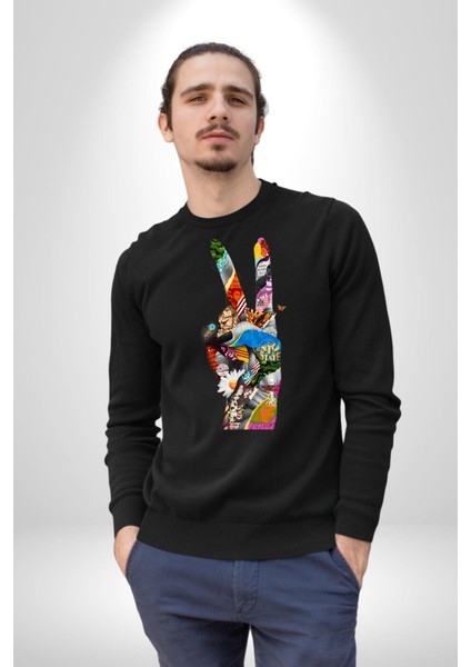 Dünya Barışı Özgürlük Zafer Işareti Erkek Kadın Unisex Dijital Baskılı Siyah Sweatshirt